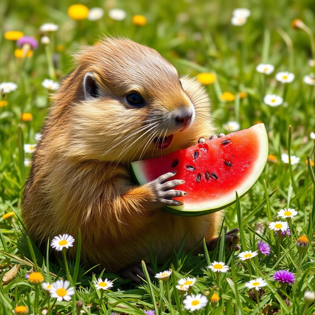 Marmot's Delight: Watermelon Feast in Sunny Meadow