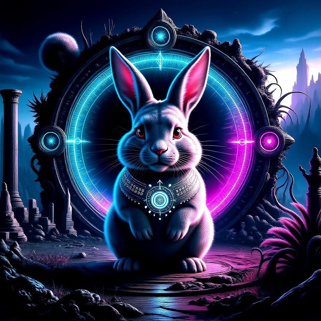 Fluffy Bunny Guards Otherworldly Portal in Dark Fantasy Land...