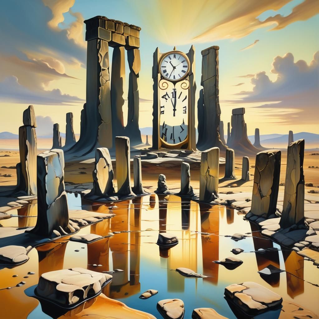Surrealist Melting Landscape with Skyscraper and Stonehenge