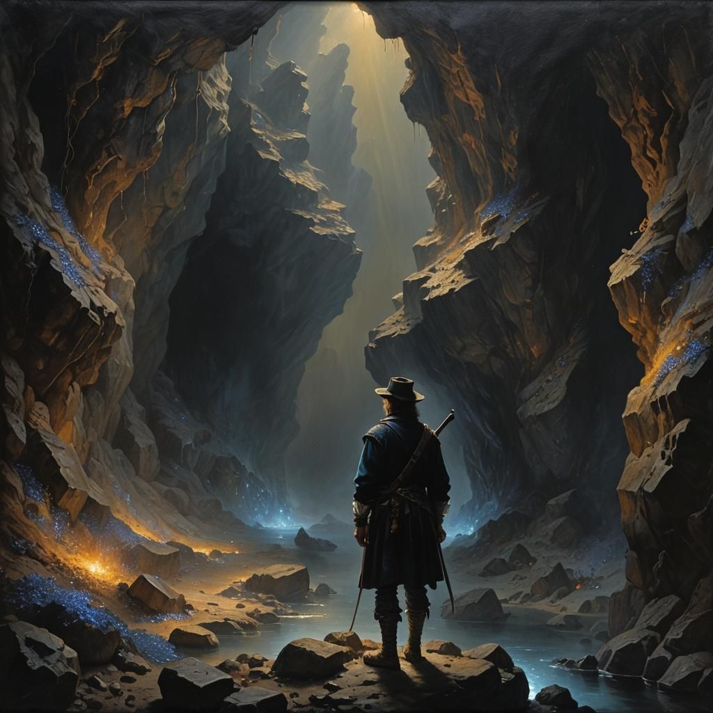 Ethereal Cavern: Sapphire Light in Old Masters Style