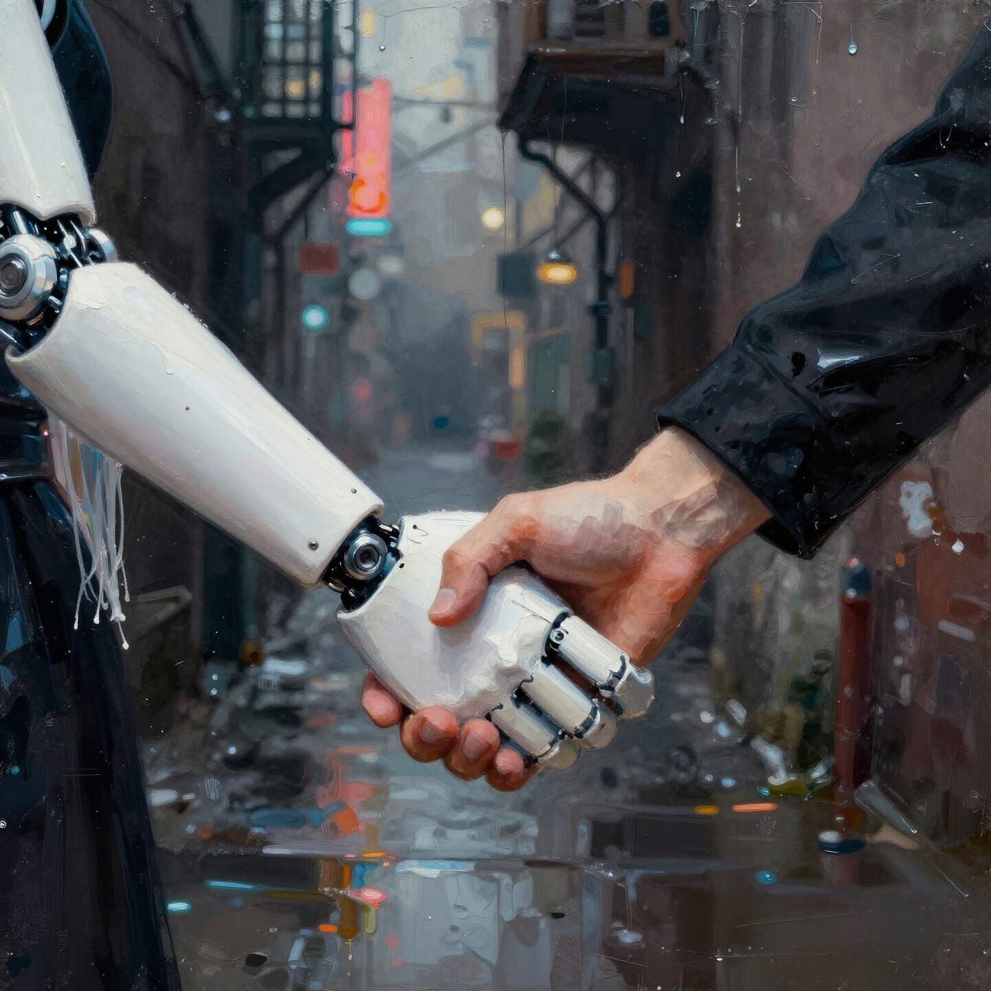 AI and Human Hands Shake in Grimy Alley Impasto Gouache Styl...