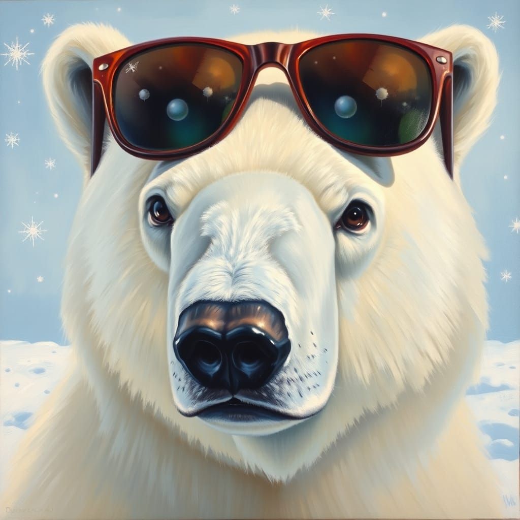 Polar Bear in Sunglasses: Oil Painting on Snowy Day