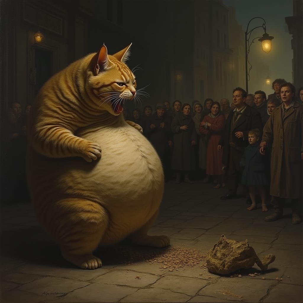 Massive Obese Cat Devours Food, Terrified Crowd Watches