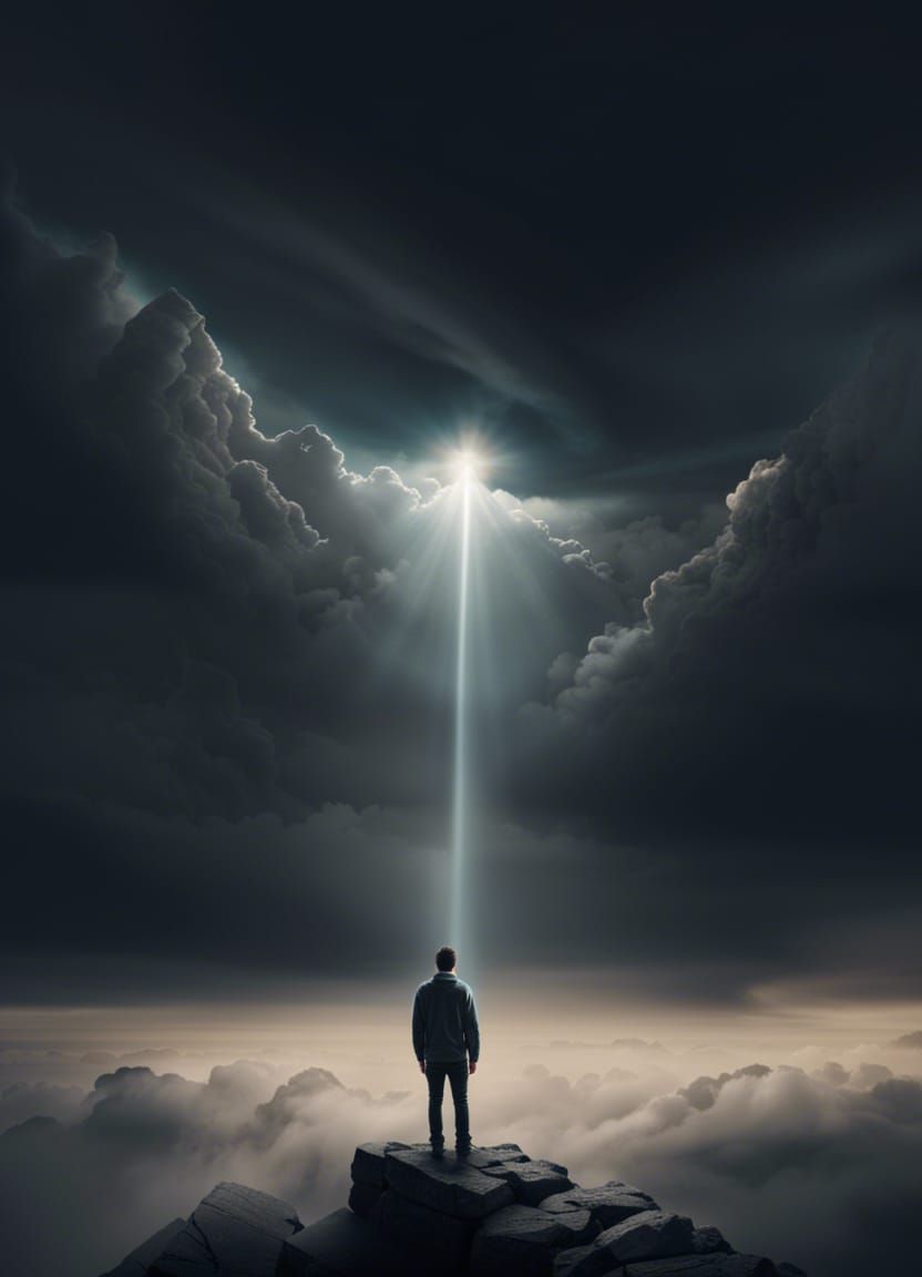 Mountain Peak Figure Bathed in Divine Light