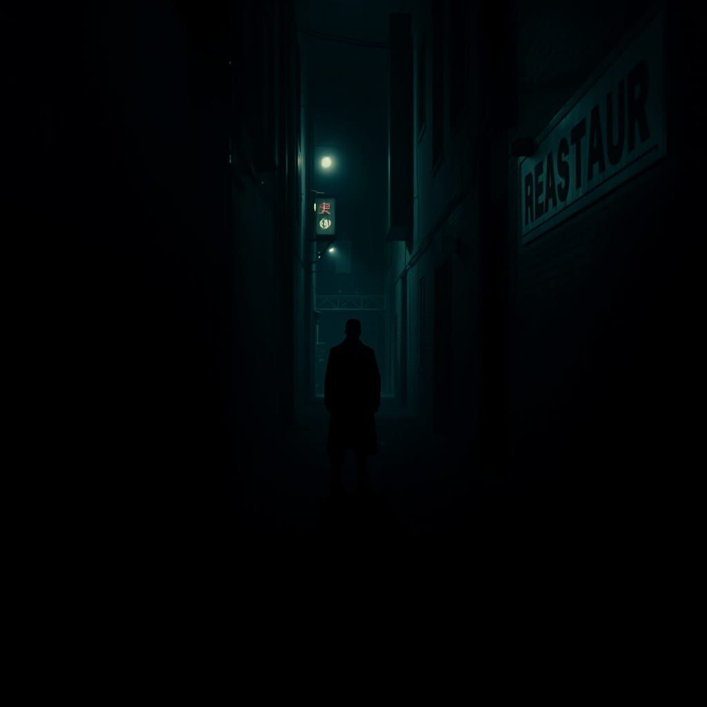 Cinematic Figure in Dark Alleyway, Film Noir Style