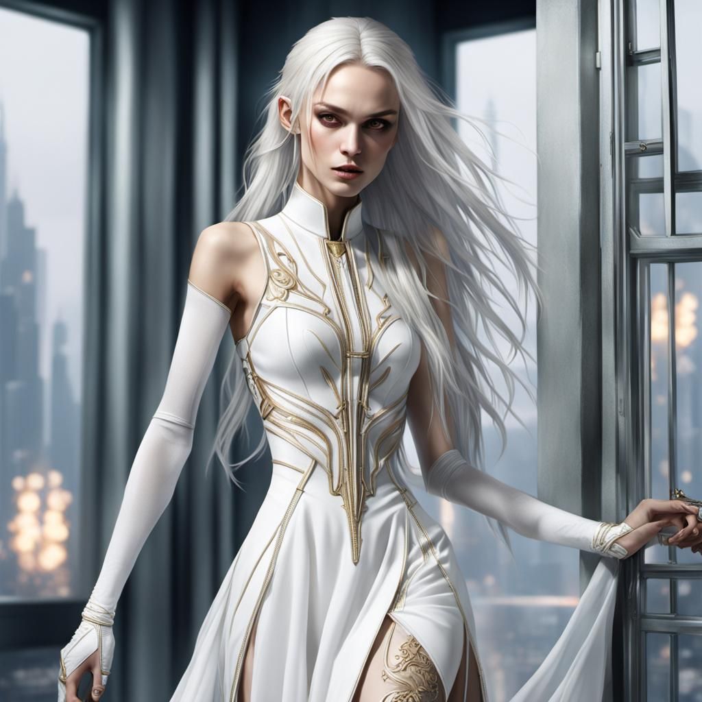 Cyberpunk Girl with White Hair and Golden Eyes