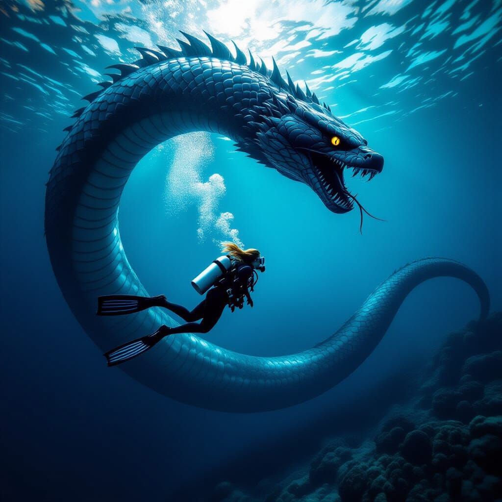 Scuba Diver Chased by Giant Serpent in Dark Ocean