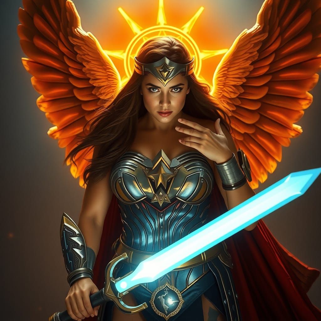 Angelic Wonder Woman with Magical Sword: Cinematic Lighting