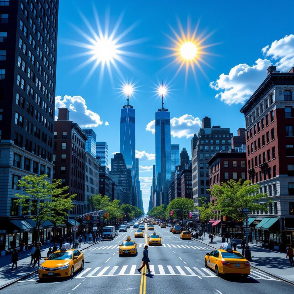 New York Skyline With Four Suns in Photorealistic Style