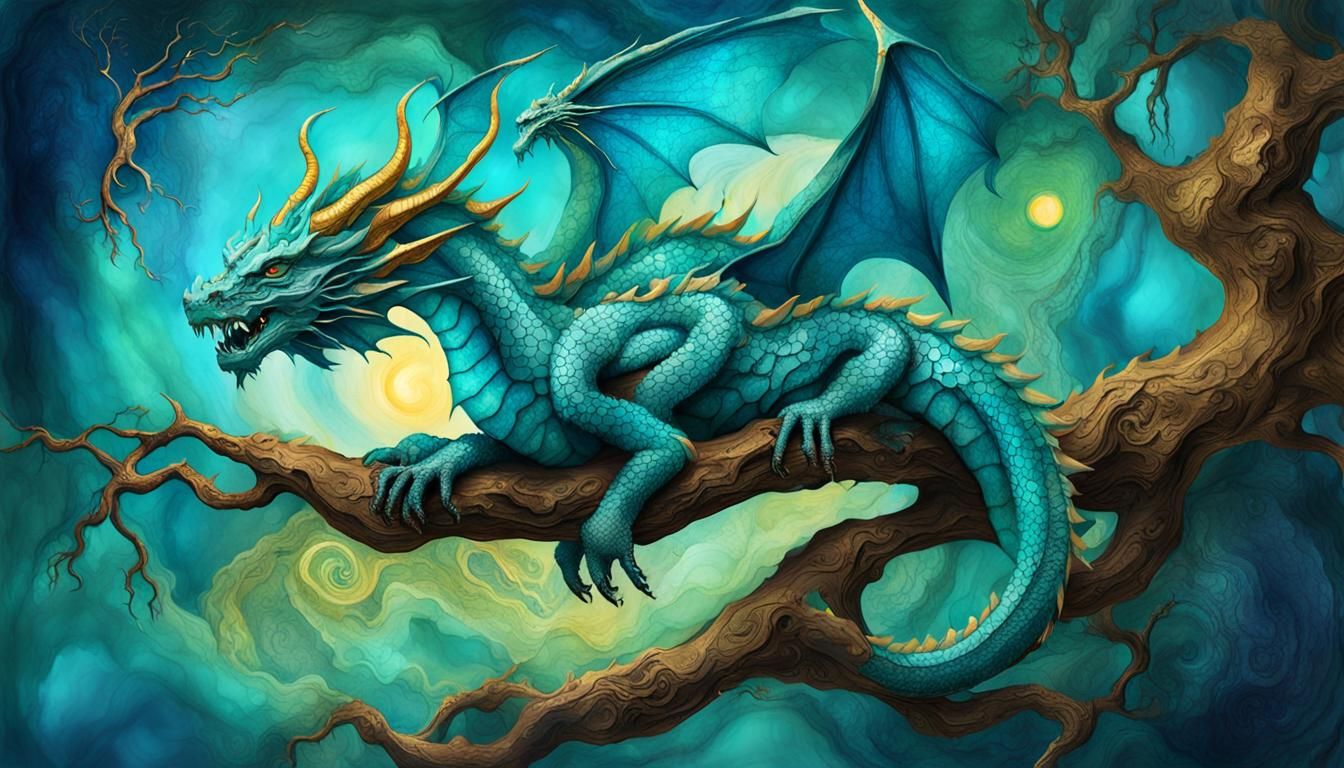 Turquoise Dragon on Mystical Branch in Alcohol Ink