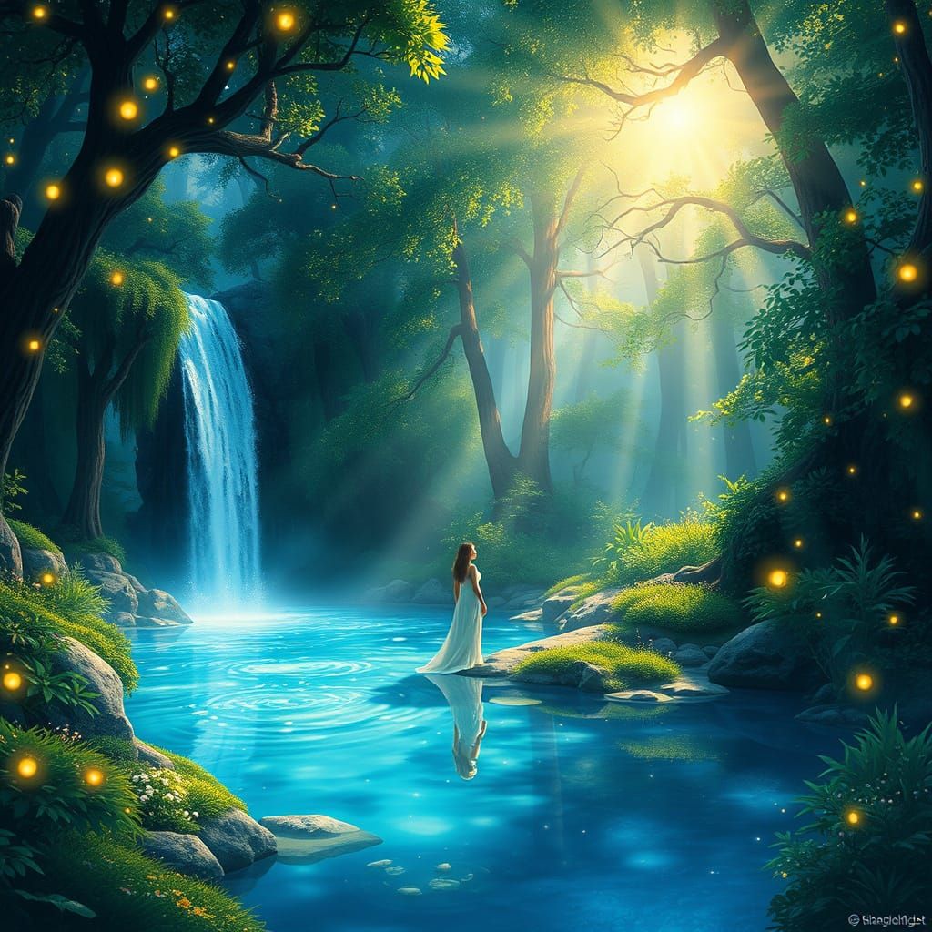Enchanted Forest with Fireflies and Waterfall