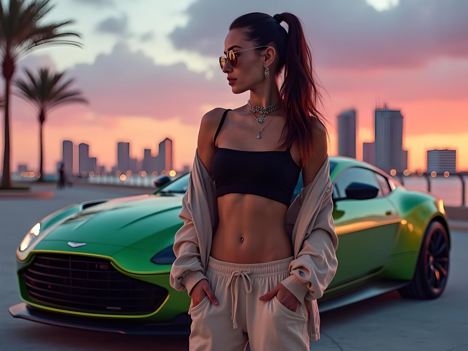 Woman Poses with Aston Martin in Miami at Sunset