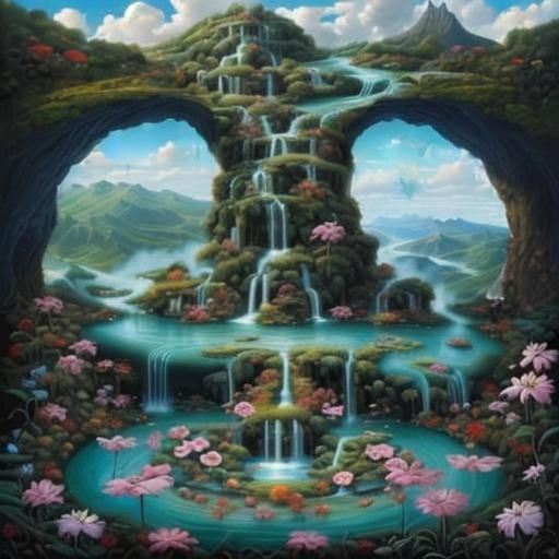 Surreal Mountains with Magical Flower, in Surrealist Style