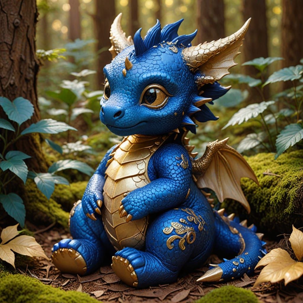Royal Blue Baby Dragon Snuggles with Teddybear in Forest Par...