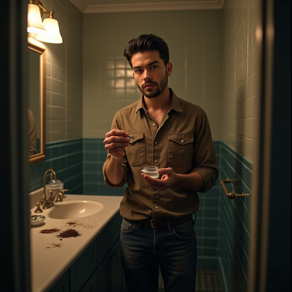 Man Preparing Hair Sample in Bathroom, Digital Matte Paintin...