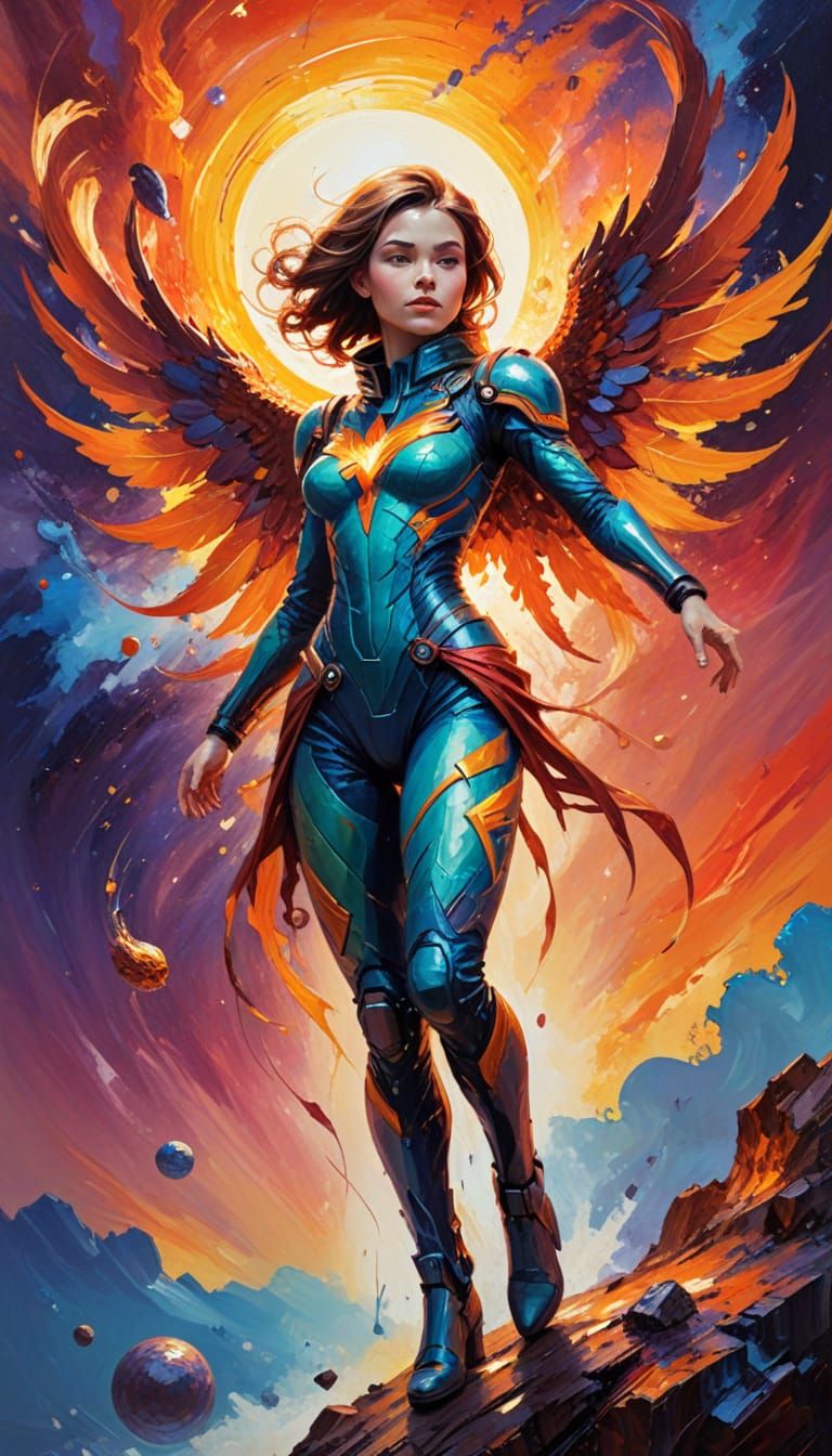 Princess with Phoenix Wings soars in Vibrant Alien Sunset
