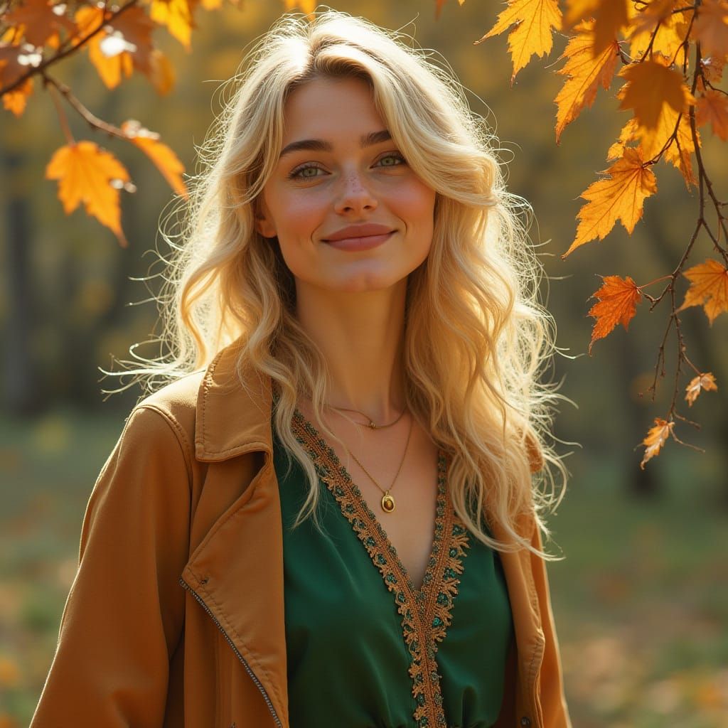 Serene Woman in Green Dress in Autumn Forest