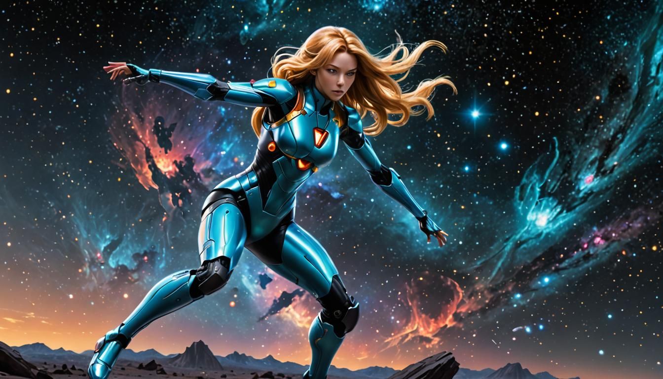 Girl in Blue Bodysuit Levitates in Starry Space