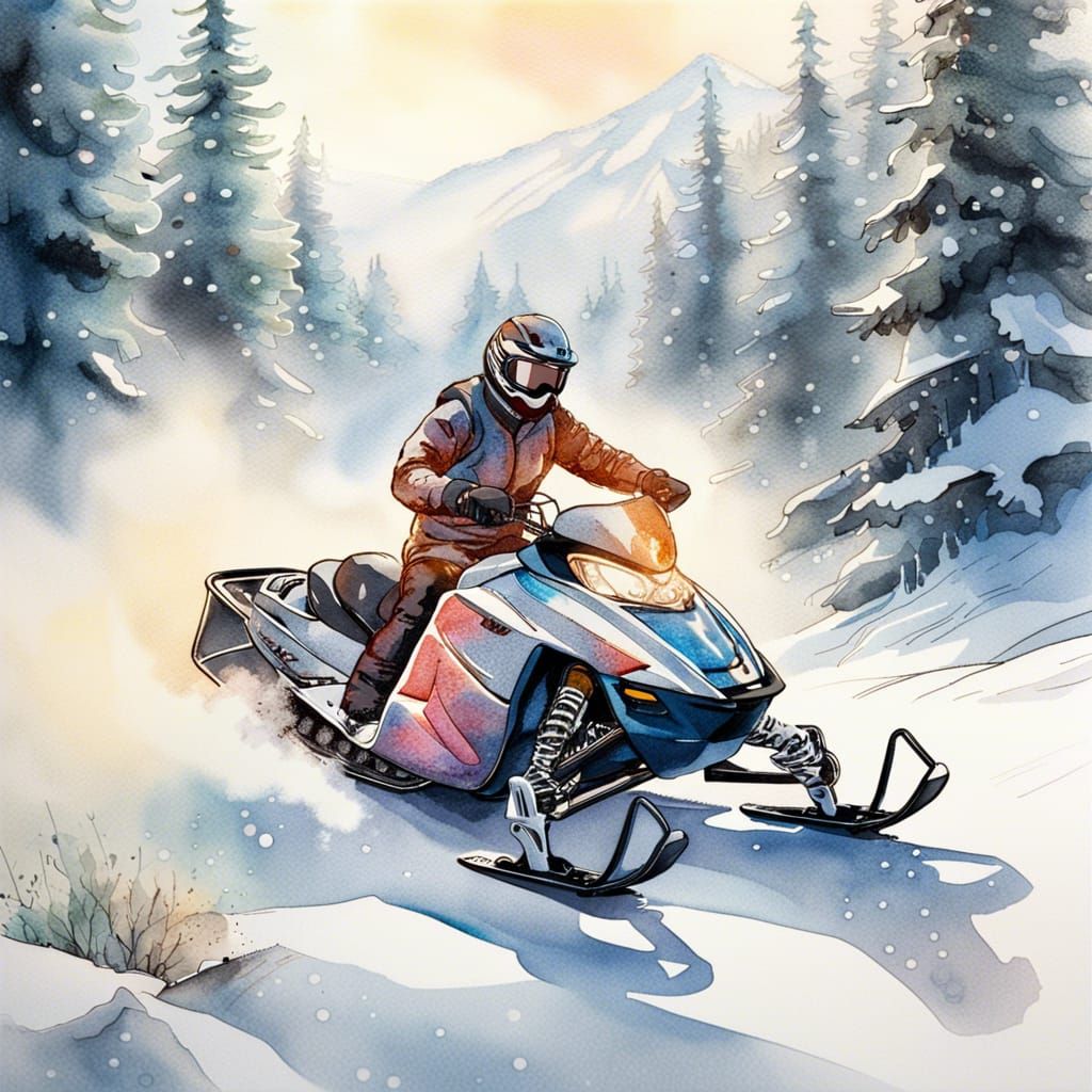 Snowmobile Rider with 3D Shading in Watercolor
