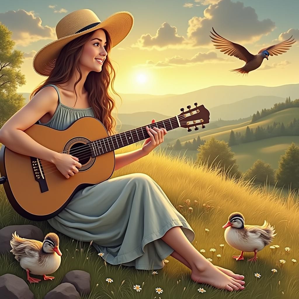 Woman Plays Guitar for Ducks on Hill
