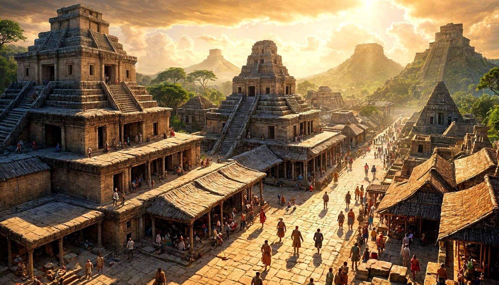 Mayan Marketplace Bustling with Activity at Golden Hour