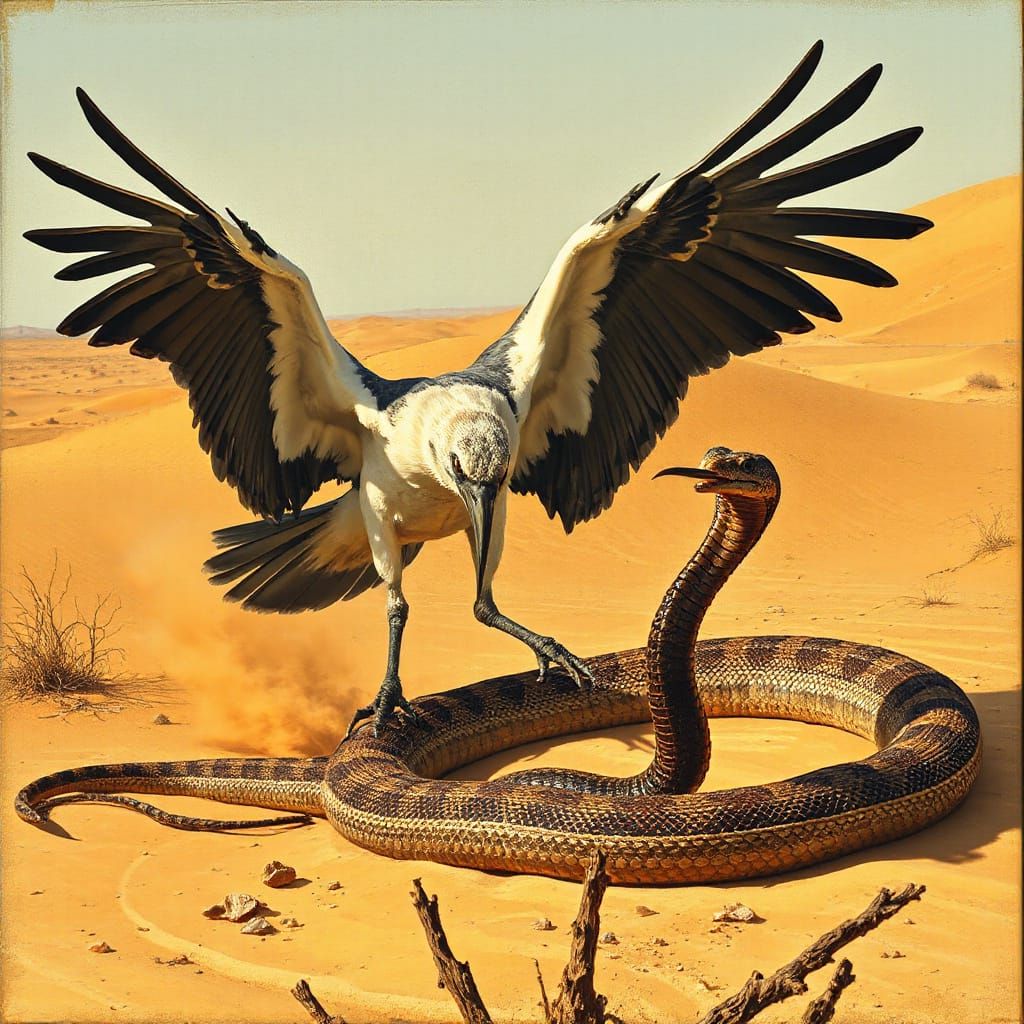 Majestic Secretary Bird Attacks Desert Snake in African Land...