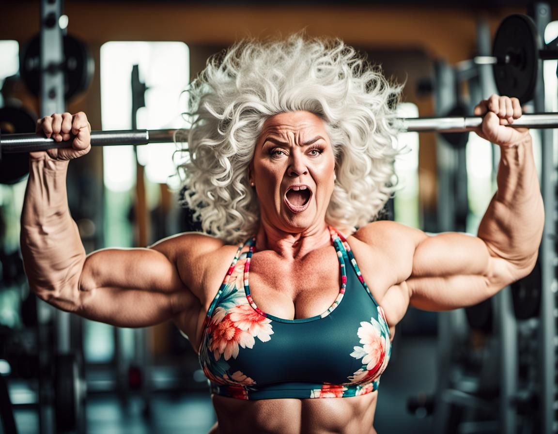 Strong Plus-Size Russian Woman Lifts Barbell in Vibrant Flor...