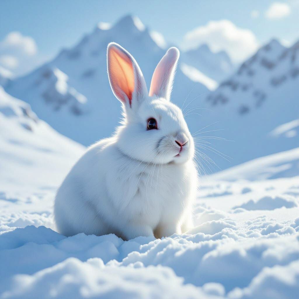 Majestic White Bunny Alert in Snowy Mountain Landscape