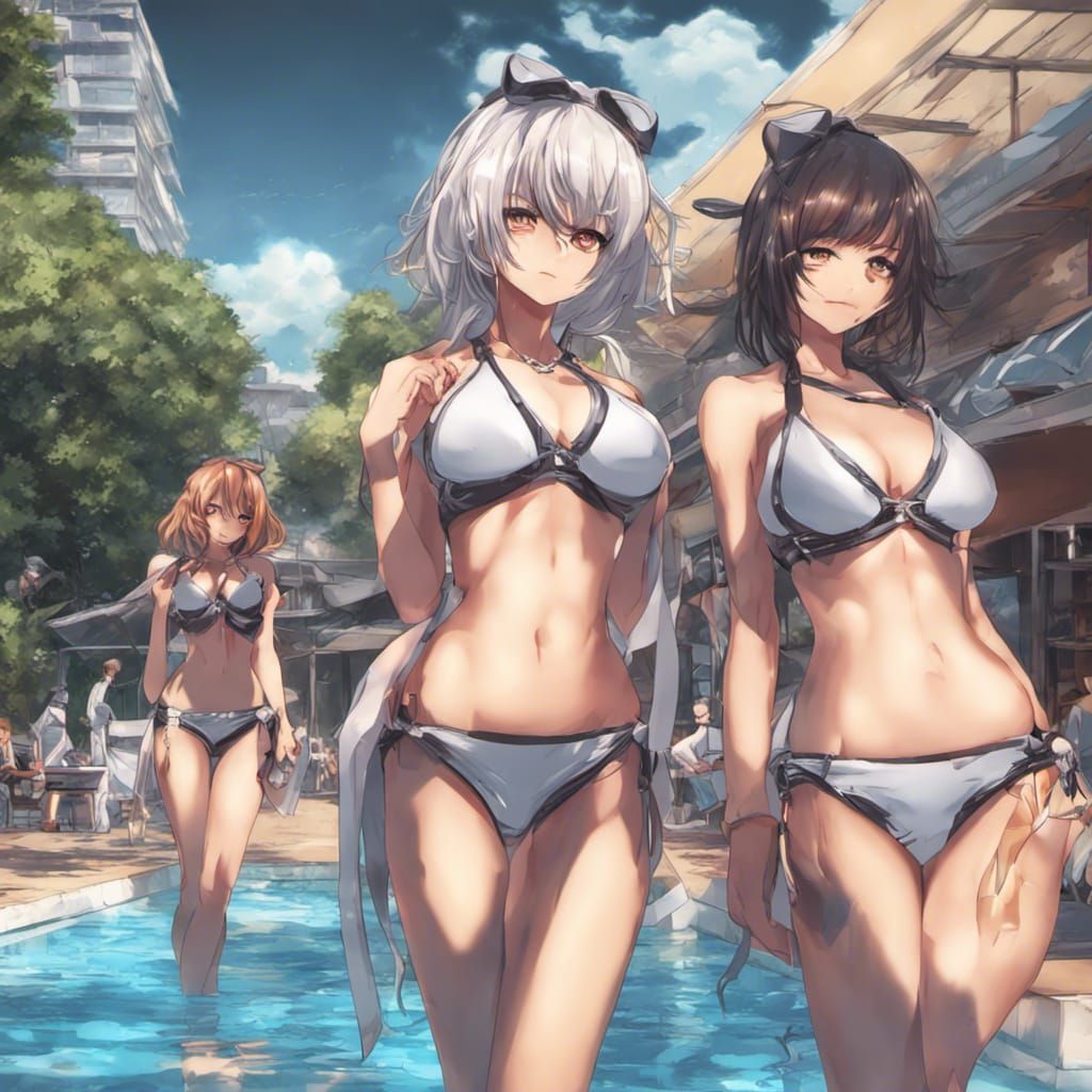 Anime Girls in Bikinis: Hyperrealistic Beach Scene
