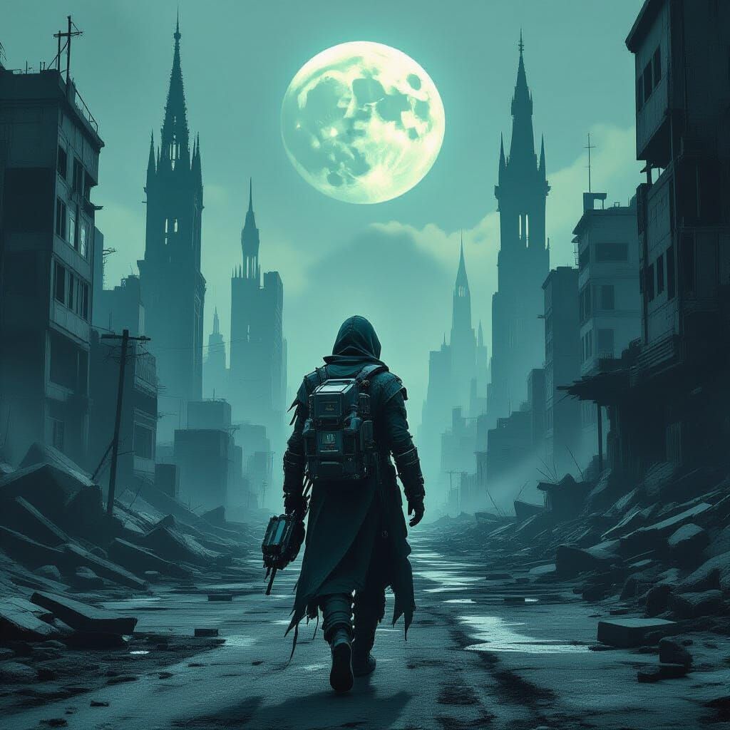 Dystopian Wanderer Under Alien Moon, Hyperrealistic Style