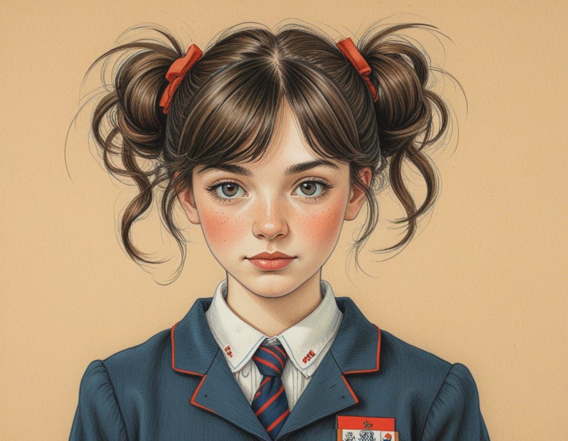 School Girl in England Cartoon Style