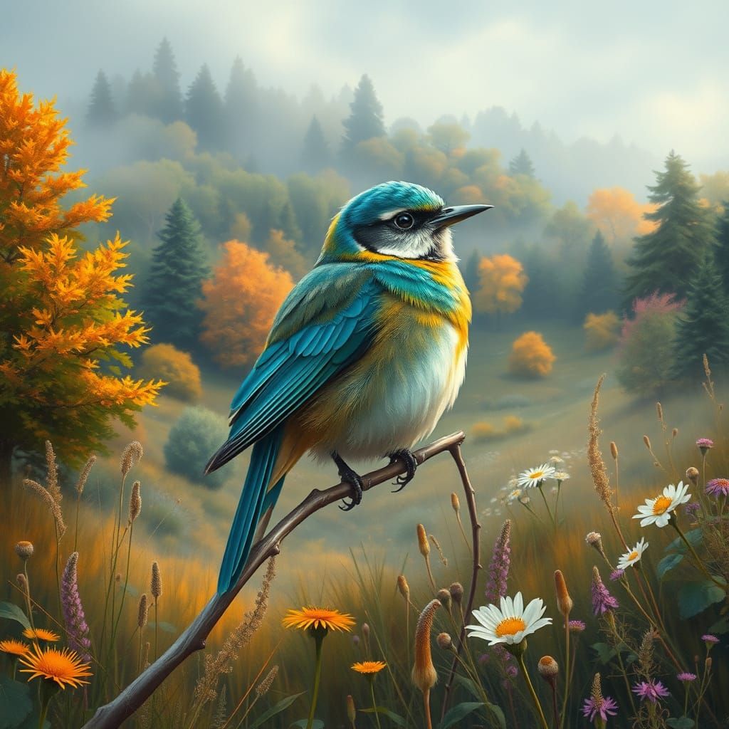 Iridescent Bird on Twig in Impressionistic Landscape