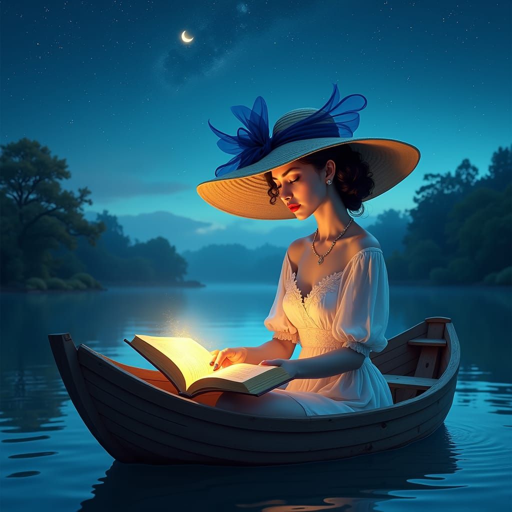 Elegant Woman Reading by Starlight in Fantasy Art Style