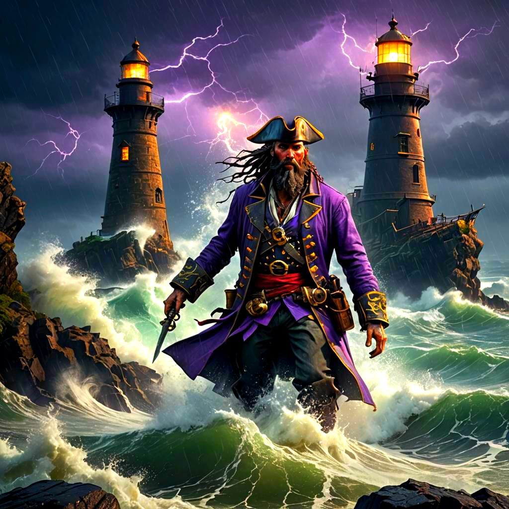Pirate Leaning on Lighthouse in Storm, Dark Fantasy
