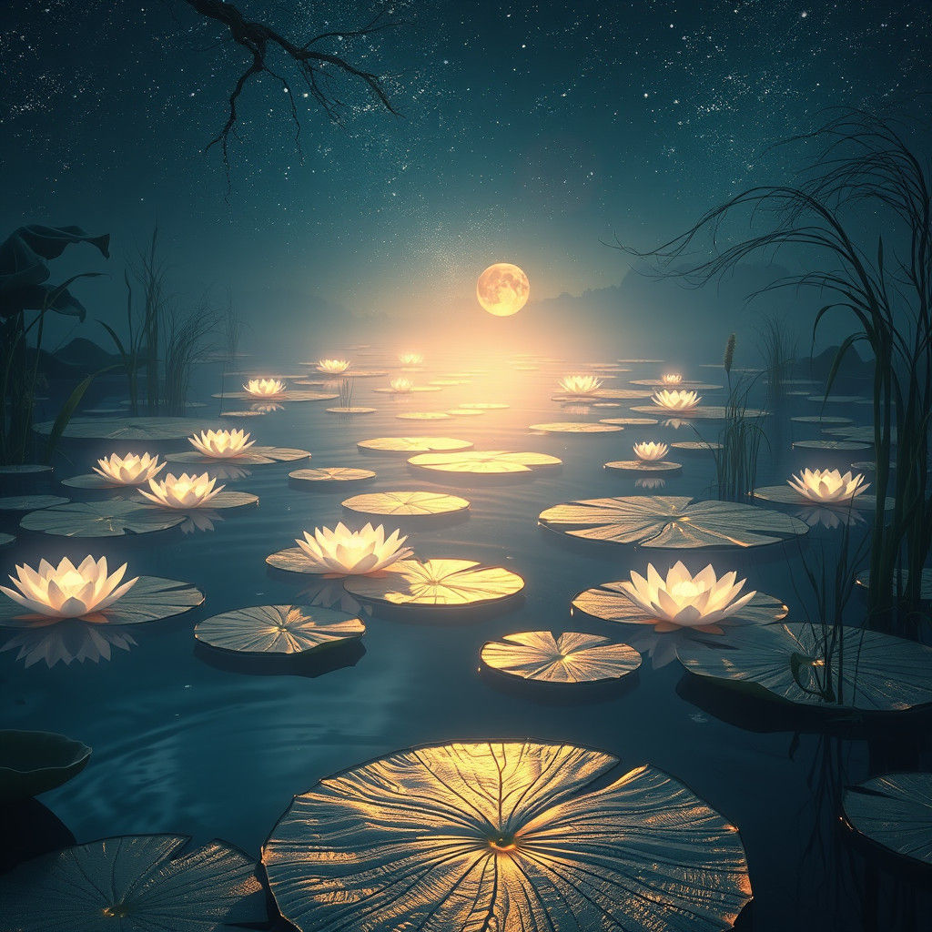 Glowing Lily Pads in Night Sky Pond