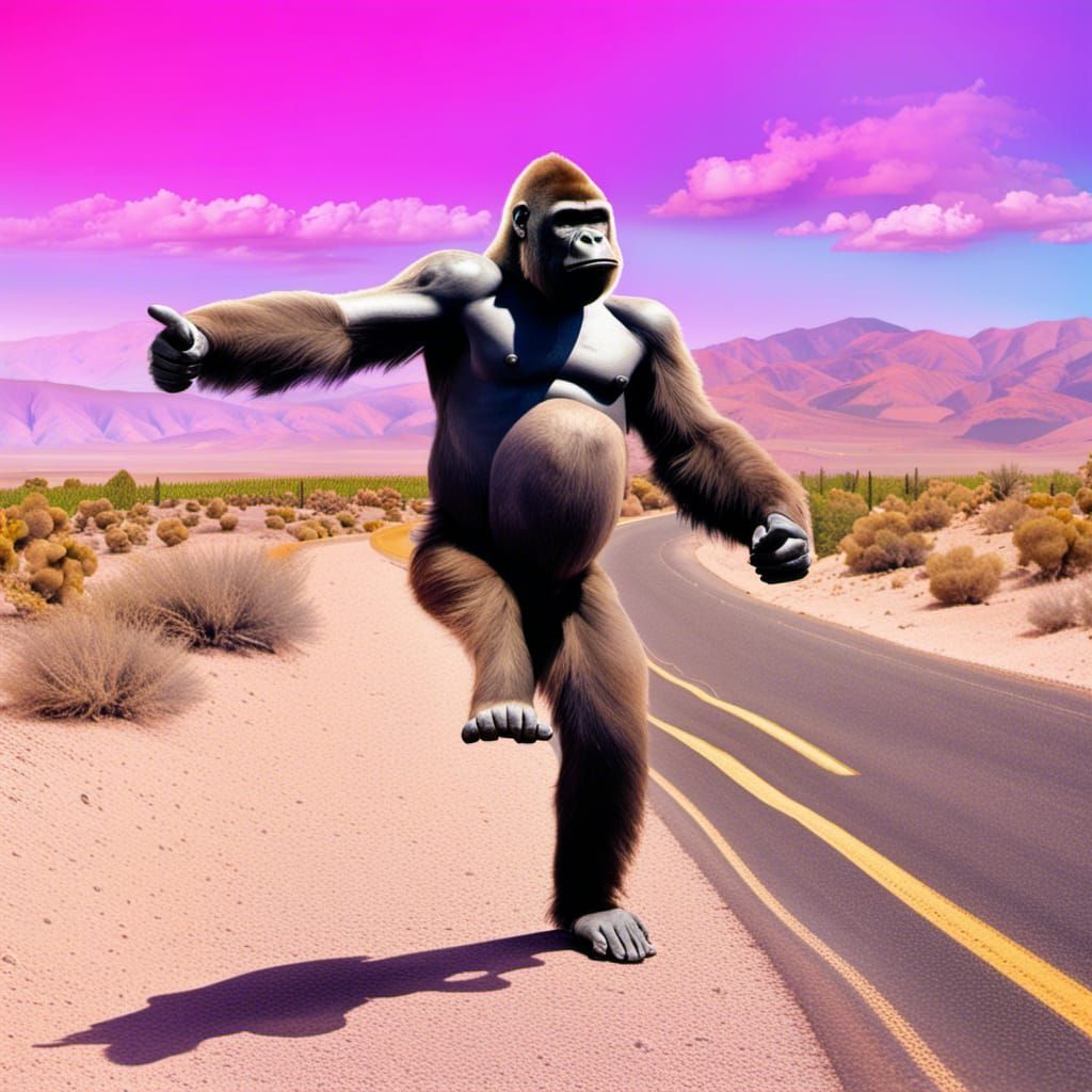 Gorilla Hitchhiker in Nevada Desert: Vaporwave Art