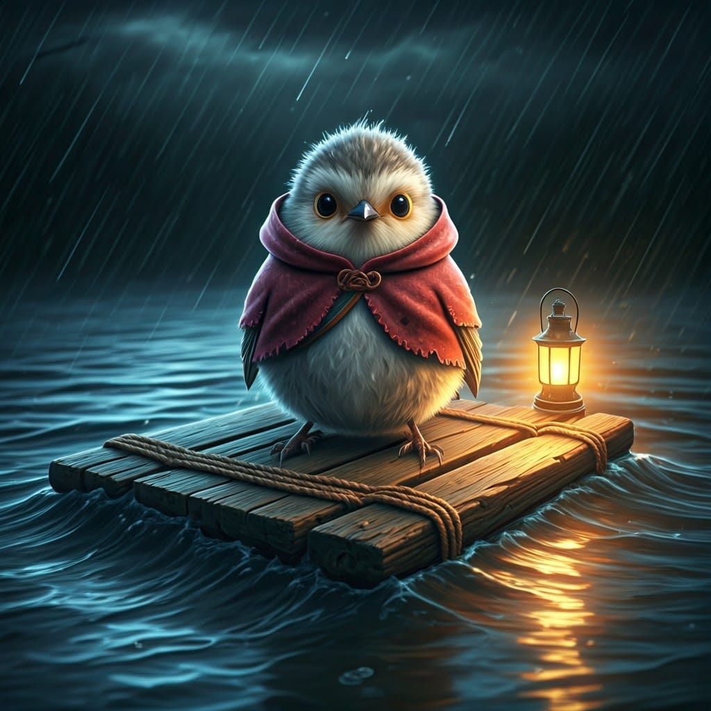 Robin in Stormy Pond by Lantern Light