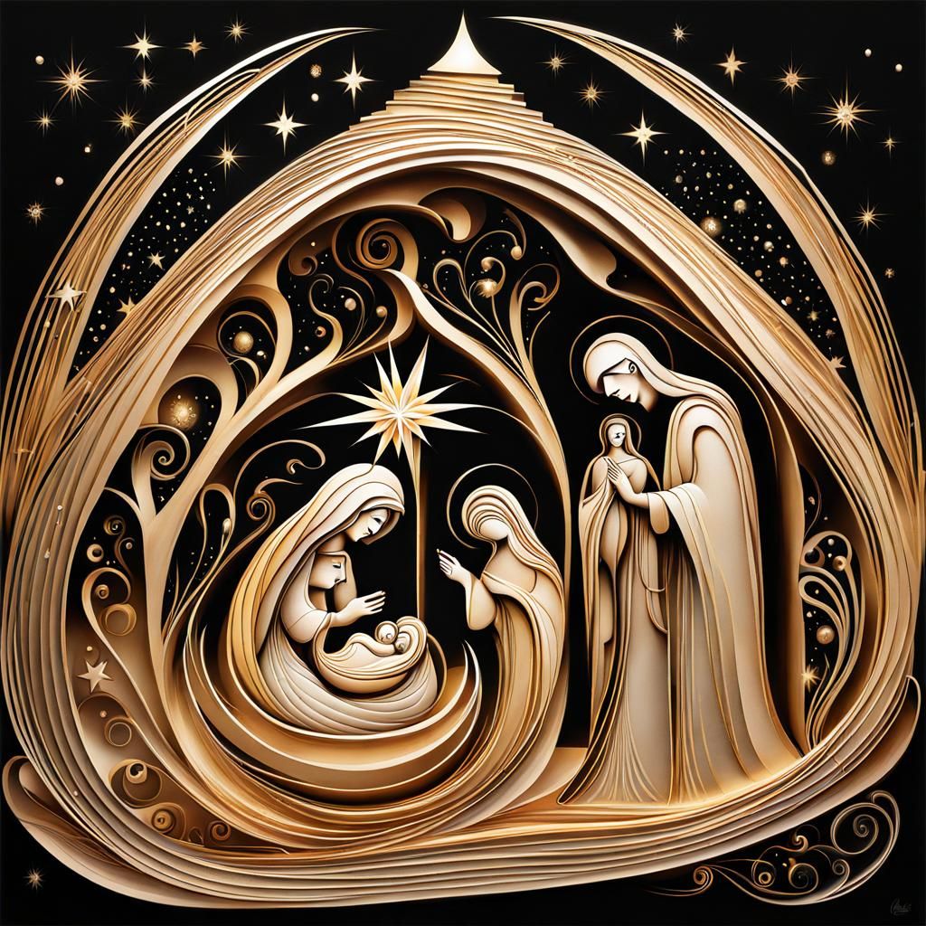 Stylized Nativity Scene in Art Nouveau Style