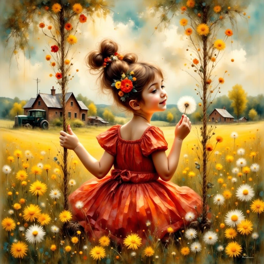 Girl on Swing Blowing Dandelion as Impressionist Art