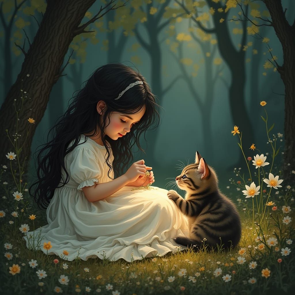 Whimsical Forest Scene with Gentle Girl and Kitten