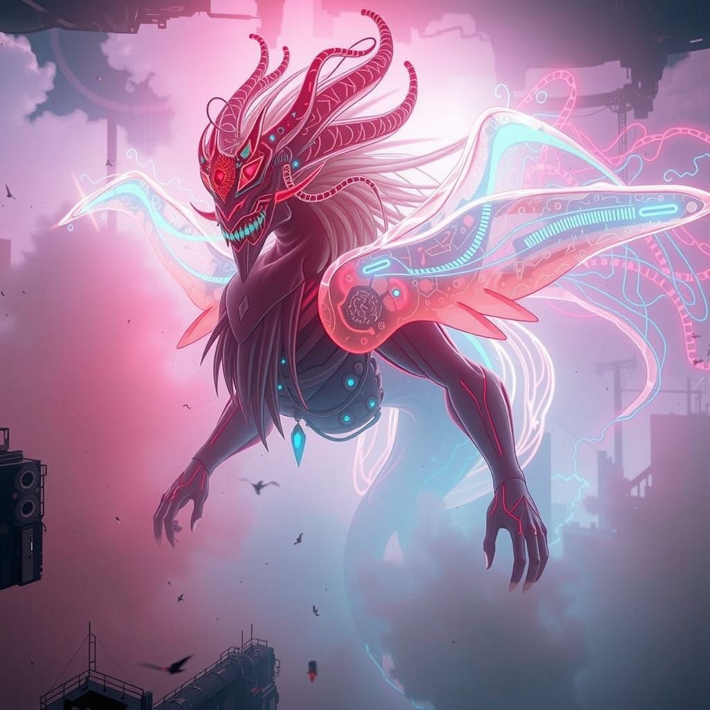 Majestic Cyberpunk Genie Radiates Electric Blue Light in Hol...