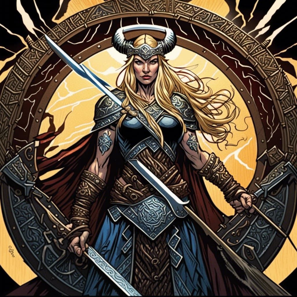 Viking Goddess Confrontation in Gothic Comic Art Style