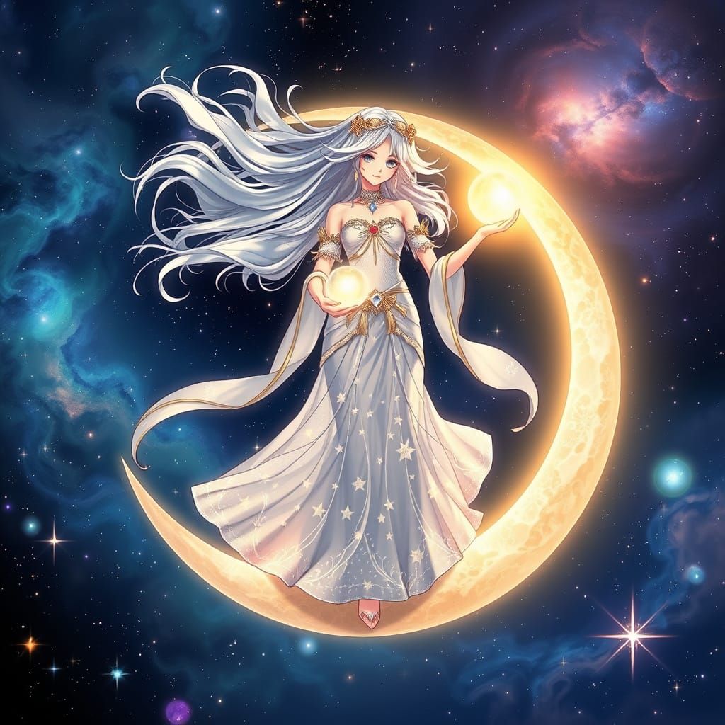 Anime-Style Moon Goddess in Starry Sky