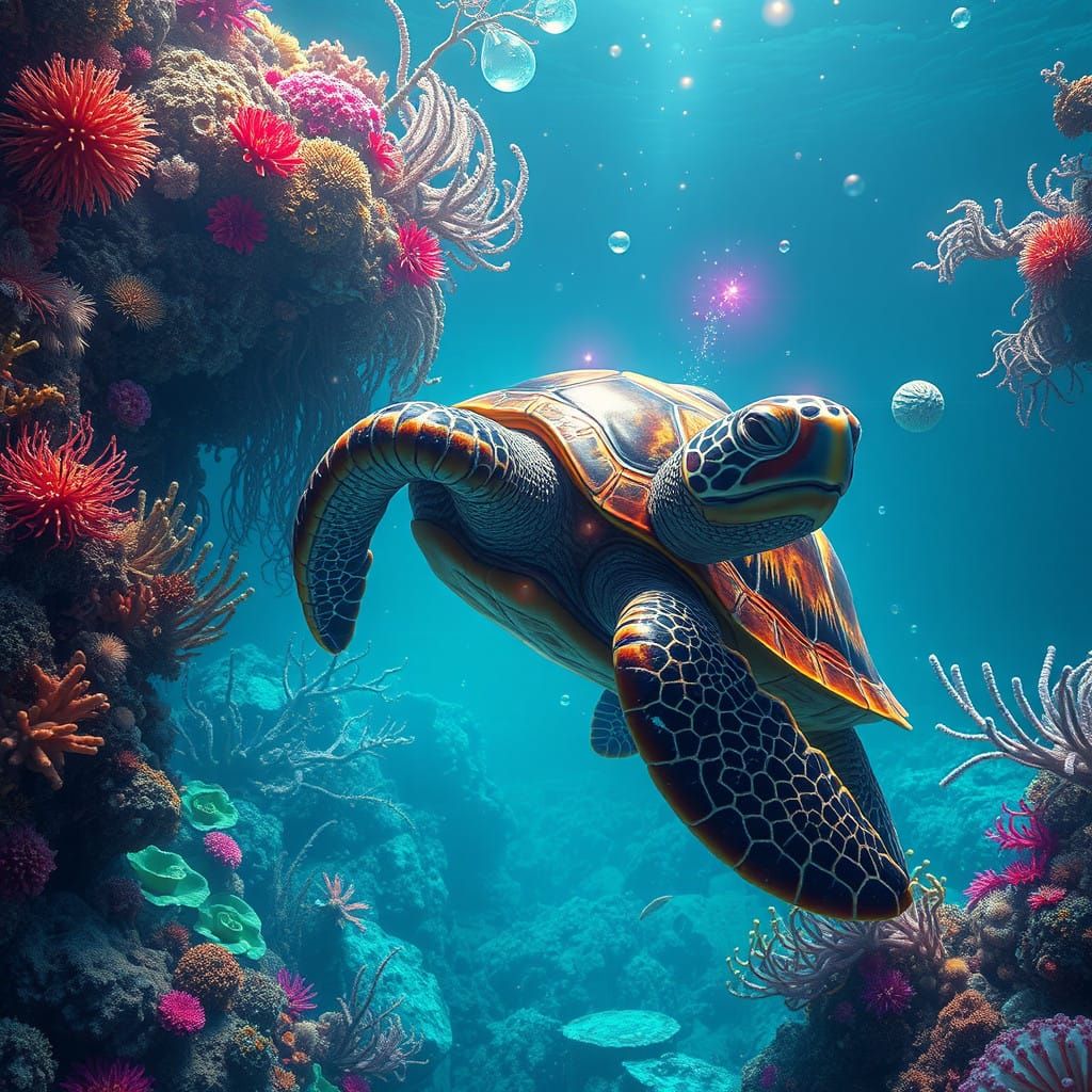 Majestic Turtle in Iridescent Ocean Depths