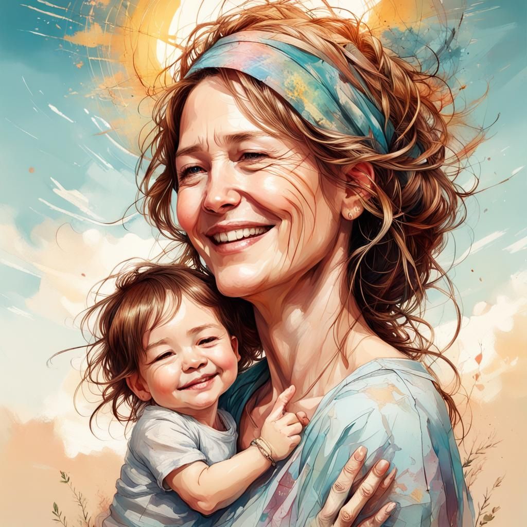 Joyful Mother Portrait in Illustrative Style
