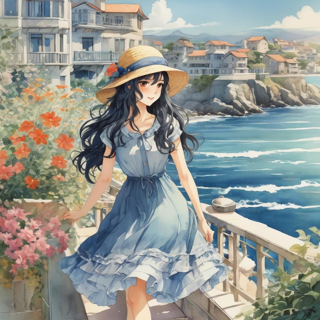 Anime Girl in Blue Dress on Coastal Street