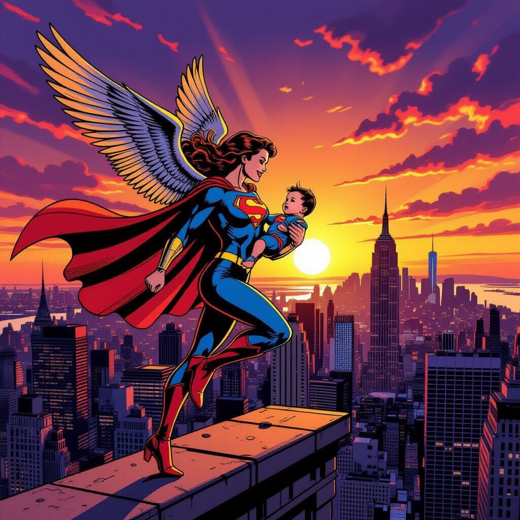 Hawkgirl Carries Baby Superman Over NYC Rooftop