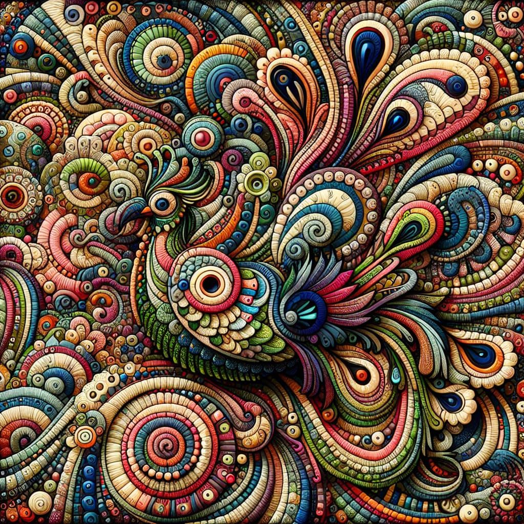 Hyperdetailed Candlewicked Peacockerel in Patchwork Style