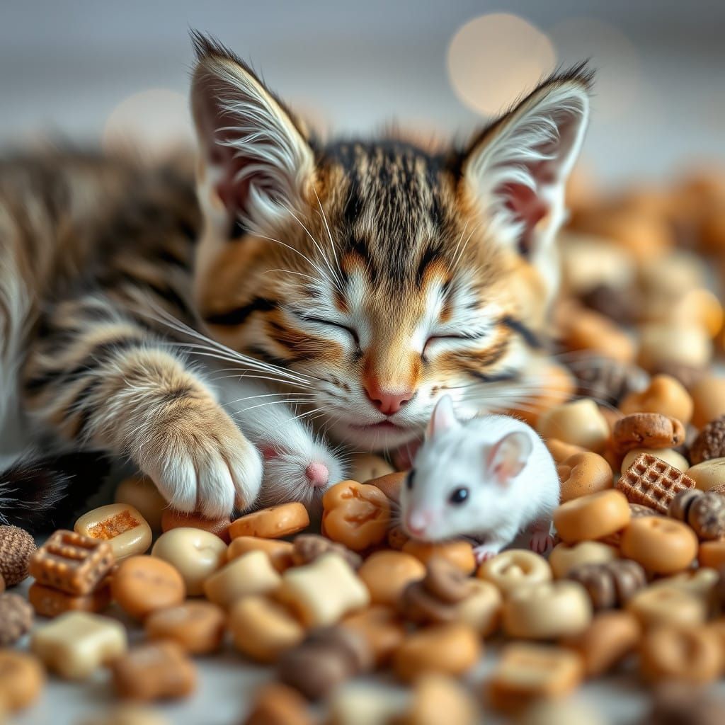 Whimsical Kitten Naps with Tiny Mouse and Treats in a Soft L...