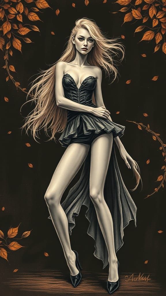 Eccentric Pose in Hyperdetailed Charcoal Drawing